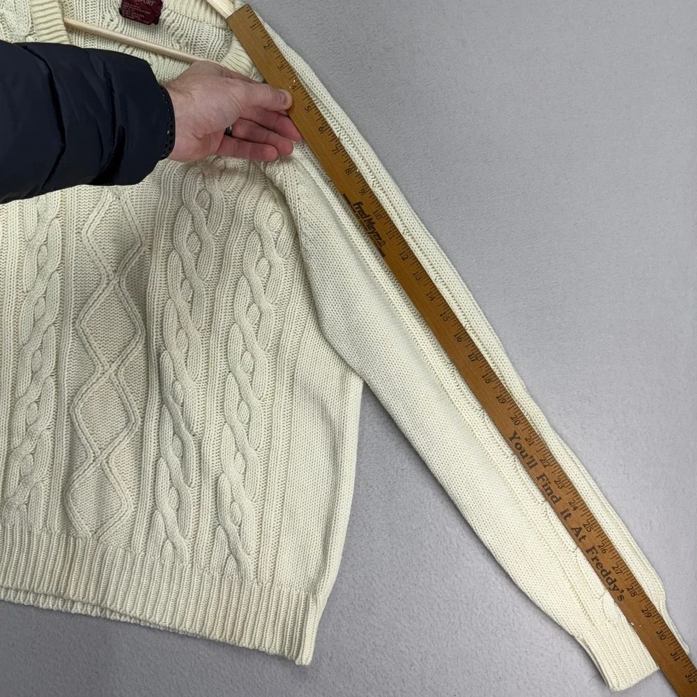 Vintage 80s Kinsport Cricket Sweater sz Large Cream‎ Fisherman V-Neck Cable Knit